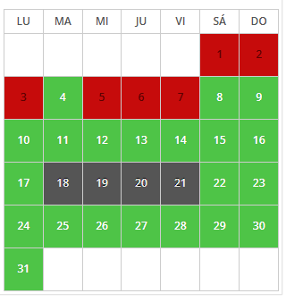 Calendario de disponibilidad de FotoRentas: días libres en verde, ocupados en rojo y el rango seleccionado en gris